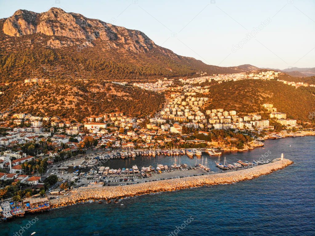 Aerial Drone View of Kas is small fishing, diving, yachting and tourist town in district of Antalya Province, Turkey. Vacation in Turkey