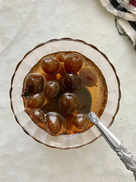 Mermelada Oliva Orgánica Casera Tazón Cristal Mermelada Alimento Tradicional Ecológico — Foto de Stock