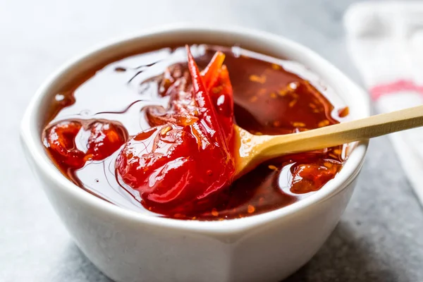 Hausgemachte Bio Kirschtomatenmarmelade Schüssel Marmelade Mit Tomaten Zum Frühstück — Stockfoto