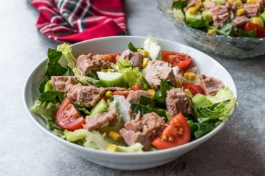 Ton balıklı salata marul, domates, salatalık ve Mısır ile balık. Organik taze yiyecek.