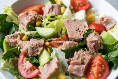 Ton balıklı salata marul, domates, salatalık ve Mısır ile balık. Organik taze yiyecek.