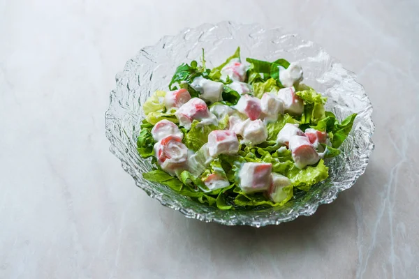 Crab Sticks Surimi Salad Sauce Glass Bowl Fresh Food — Stock Photo, Image