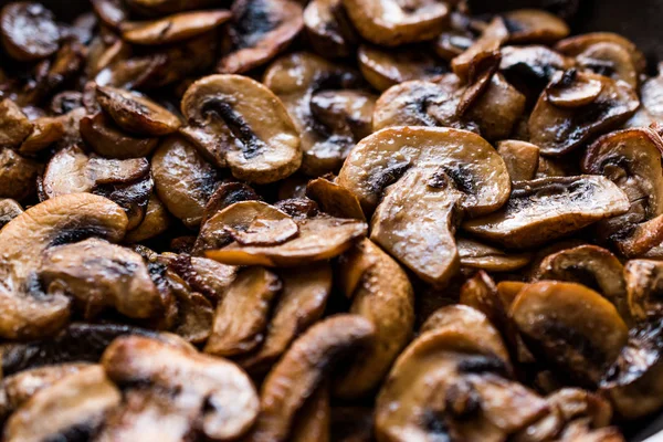 Gekookt Gesneden Champignons Close Macro Pan Biologisch Voedsel — Stockfoto