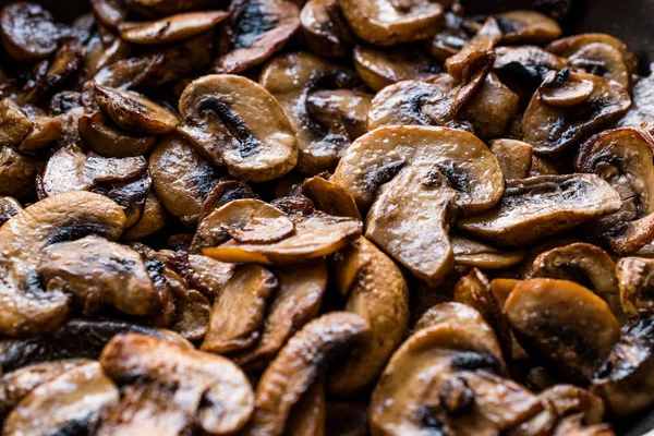 Gekookt Gesneden Champignons Close Macro Pan Biologisch Voedsel — Stockfoto