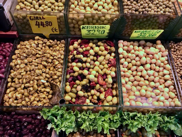 Sortimento Azeitonas Bazar Market Stall Istambul Turquia Produto Orgânico — Fotografia de Stock