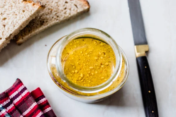 Tarro Mantequilla Maní Con Rebanadas Pan Cuchillo Para Desayuno Alimentos —  Fotos de Stock