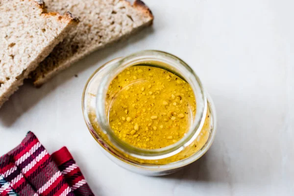 Tarro Mantequilla Maní Con Rebanadas Pan Para Desayuno Alimentos Ecológicos —  Fotos de Stock