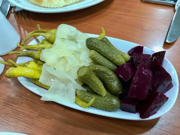 Mix Turkish Pickles Beet Hot Green Pepper Cabbage Sauerkraut Cucumber — Stock Photo, Image