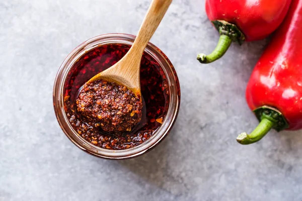 Hot Mexican Picant Chili Red Sos Salsa Macha Pulbere Piper — Fotografie, imagine de stoc
