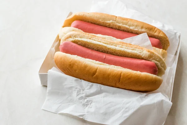 Krabice Obyčejný Hot Dog Salámový Sendvič Rychlé Občerstvení — Stock fotografie