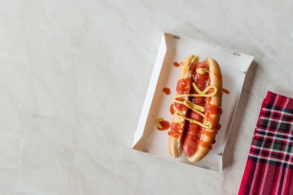 Box Hot Dog Ketchup Mustard Sausage Sandwich Fast Food — Stock Photo, Image