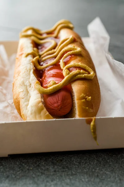 Krabice Hot Dog Kečupem Hořčicí Salámový Sendvič Rychlé Občerstvení — Stock fotografie