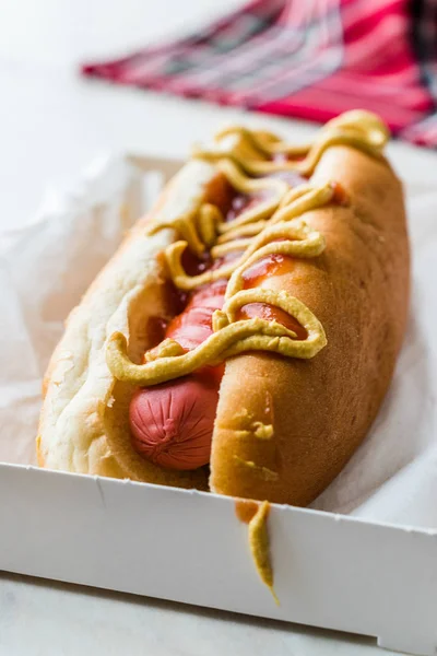 Krabice Hot Dog Kečupem Hořčicí Salámový Sendvič Rychlé Občerstvení — Stock fotografie