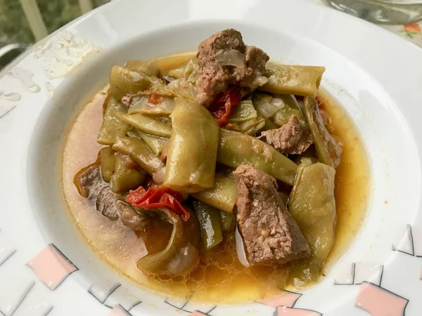 Comida Turca Casera Frijoles Verdes con Carne en Cubos / Etli Taze Fasulye . —  Fotos de Stock