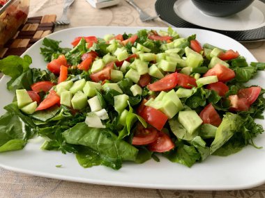 Arugula, Rucola veya Roket Yaprakları ve Domates ile Servis Edilen Ev Yapımı Türk Salatalık Salatası. 