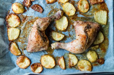 Fırın Tepsisinde Fırında Patates li İki Izgara Tavuk Bacağı.