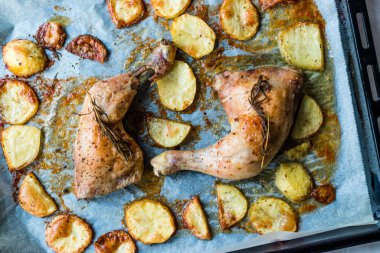 Fırın Tepsisinde Fırında Patates li İki Izgara Tavuk Bacağı.