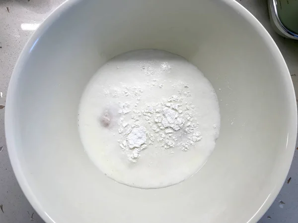 Raw Pancake Dough Flour in Plastic Bowl. — Stock Photo, Image