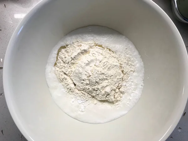 Raw Pancake Dough Flour in Plastic Bowl. — Stock Photo, Image