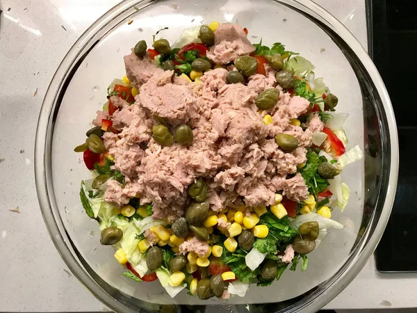 Tuna Fish Salad Ready to mix in Glass Bowl. — Stock Photo, Image