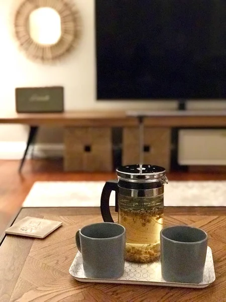 Homemade Green Tea with French Press at Home.