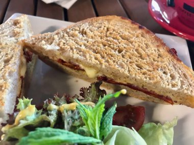 Lokantada Salata ile Servis Edilen Kurutulmuş Et li ve Domatesli Tost Sandviçi.