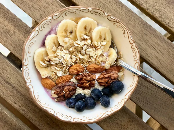 Acai Bowl with Yogurt, Blackberry, Banana Slices, Walnut, Honey, — Stock Photo, Image