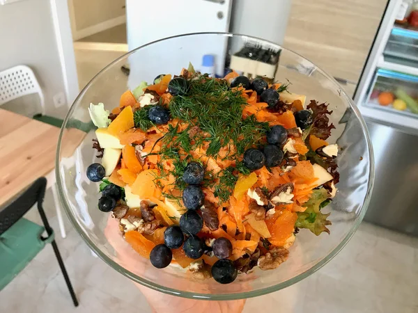 Raw Fruit Salad with Blueberries, Dried Apricot, Radish, Dill, Walnut and Orange Juice Sauce. — Stock Photo, Image