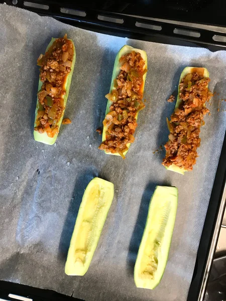 Baked Zucchini Courgettes Stuffed with Cheese and Dill. — Stock Photo, Image