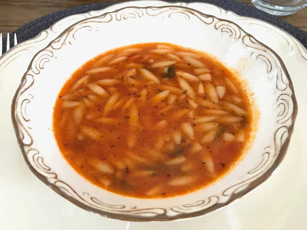 Homemade Orzo Barley Soup in Ceramic Bowl. — Stock Photo, Image