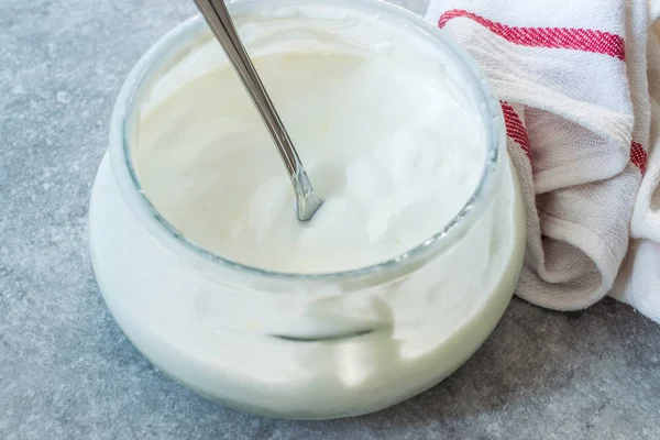 Yogurt di capra fatto in casa in una ciotola di vetro con cucchiaio / Custodia probiotica . — Foto Stock