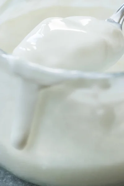 Yogur de cabra casero en tazón de vidrio con cuchara / natillas probióticas . — Foto de Stock