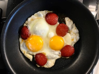 Tavada Kızarmış Yumurtalı Türk Kahvaltısı Sucuk.