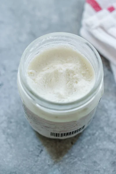 Ricotta Cheese in Jar / Glass Bowl Ready to Use. — Stock Photo, Image