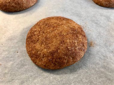 Fırın Tepsisi ile Fırın Kağıdı üzerine Tarçınlı Kurabiye Snickerdoodle.