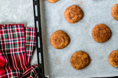 Fırın Tepsisi ile Fırın Kağıdı üzerine Tarçınlı Kurabiye Snickerdoodle.