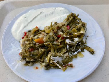 Yoğurtlu Türk Yemeği Ispanak. Zeytinyağlı Sağlıklı Organik Sebze Kökü 