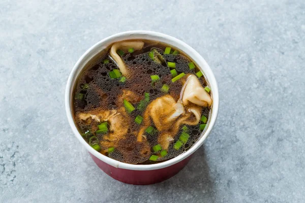 Leve longe Sopa de Wonton de comida asiática com Bok Choy e cebolinha em pacote de tigela de plástico ou caixa de contêiner . — Fotografia de Stock