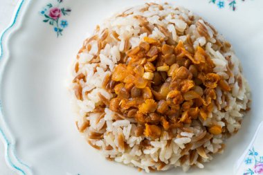 Vermicelli / Pilav ile Lübnan Mujadara Pirinci ve Mercimek Pilaf. Geleneksel Tabak.