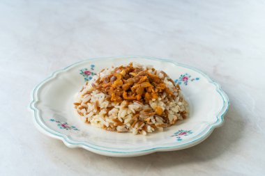 Vermicelli / Pilav ile Lübnan Mujadara Pirinci ve Mercimek Pilaf. Geleneksel Tabak.