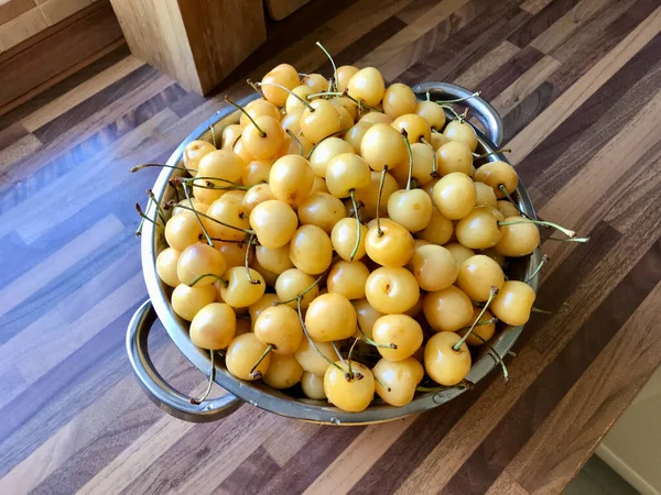 Fresh Yellow Cherries Metal Colander Wooden Surface Kitchen Ready Eat — Stock Photo, Image