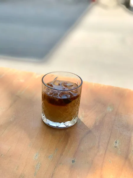 Cold Brew Coffee Milk Ice Wooden Table Street Cafe Shop — 스톡 사진