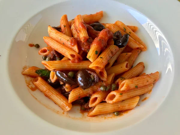 Italian Food Penne Pasta Alla Norma Tomato Sauce Olive Cherry — Stock Photo, Image