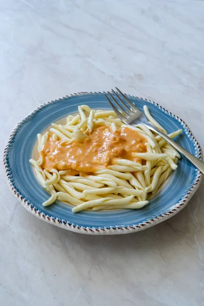 Original Italiano Casero Trofie Pasta Liguria Con Crema Salsa Tomate —  Fotos de Stock