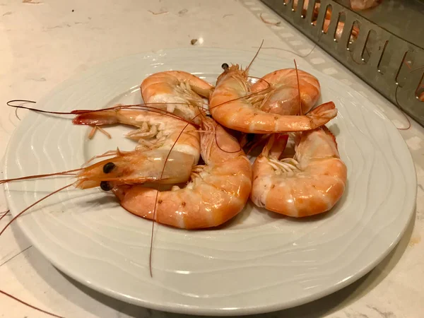 Tasty Shrimps Plate Ready Eat Seafood Prawn Makanan Organik — Stok Foto