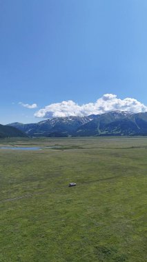 Güneşli yaz gününde Altai Kazakistan 'daki yüksek dağlarla birlikte geniş yeşil çayırlarda araba sürerken çekilmiş dikey bir fotoğraf.