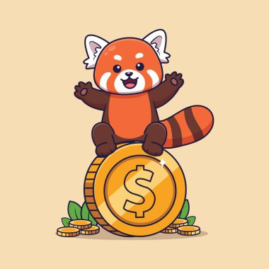 Altın bir doların üzerinde oturan sevimli Kırmızı Panda. vektör illüstrasyonu