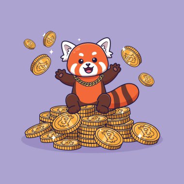 Diğer paralarla çevrili altın Bitcoin paraların üzerinde oturan sevimli bir kırmızı panda. vektör illüstrasyonu