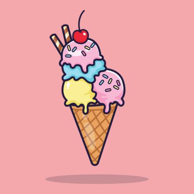 Çoklu Scoops ve kirazlı leziz dondurma külahı. vektör illüstrasyonu