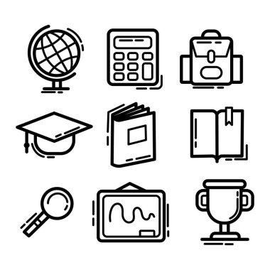 Okul ve eğitim ikonları ayarlandı. Siyah ve beyaz renkli vektör illüstrasyonu.